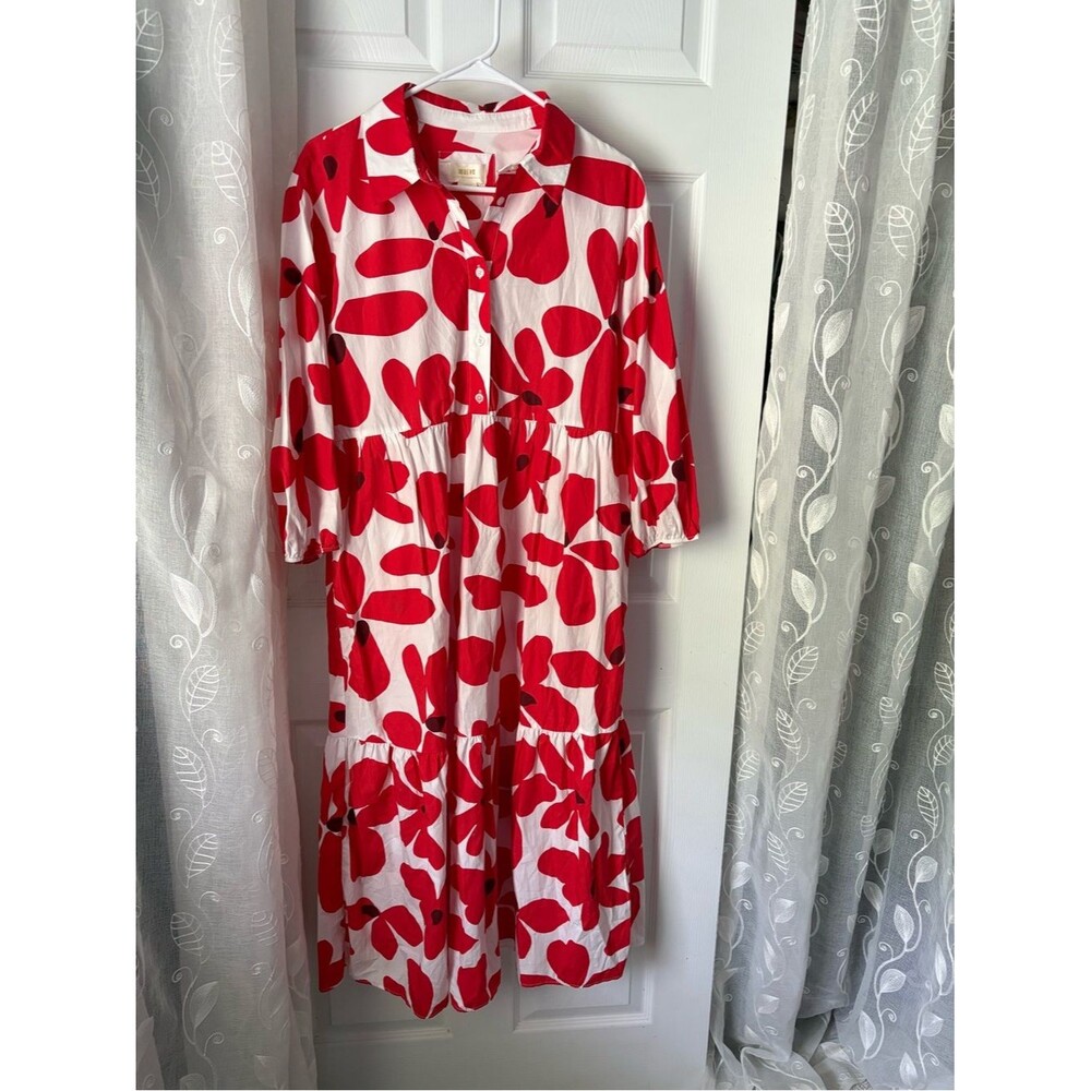 Anthropologie Maeve the Bettina Floral Cotton Shirt midi Dress side pockets sz M